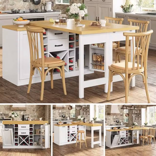 Tavolo da pranzo isola cucina girevole 360° 120 223 cm portavino porta sacchetti bianco/nero