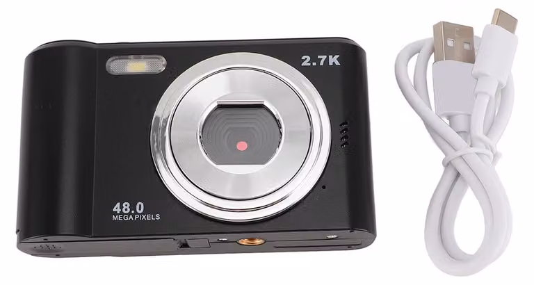 Fotocamera digitale compatta 1080p, display TFT da 2,4 pollici, ricaricabile, zoom ottico, custodia, 48 MP, ideale per il vlogging e la fotografia, nera