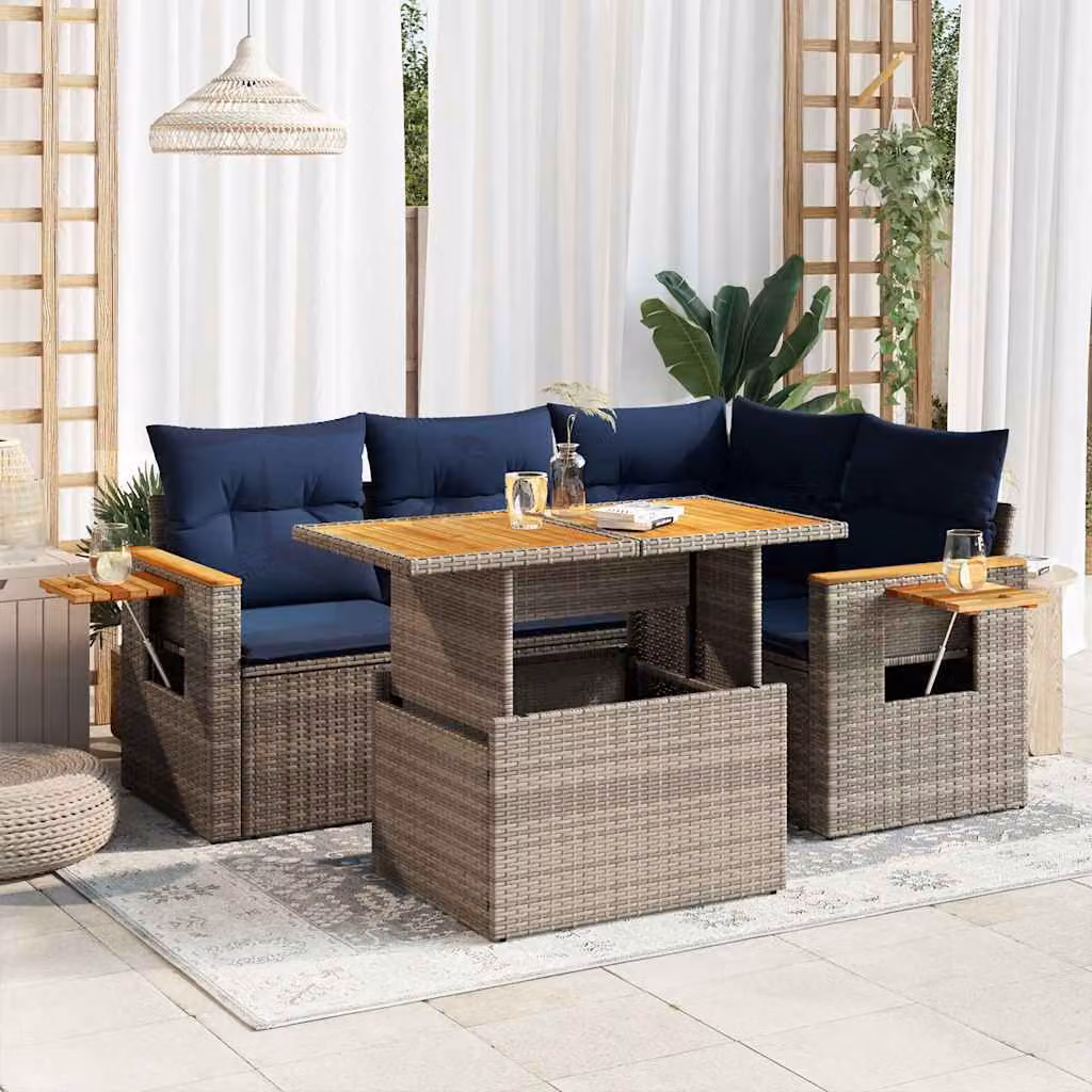 Set Divano da Giardino vidaXL 5 Pezzi in Polyrattan e Legno di Acacia con Cuscini Grigio e Blu