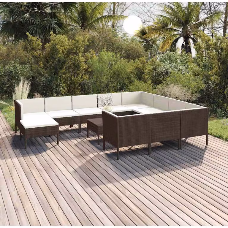 Set Divani da Giardino vidaXL 12 Pezzi con Cuscini e Tavolino, Design Moderno a Forma di U, Colore Marrone e Bianco
