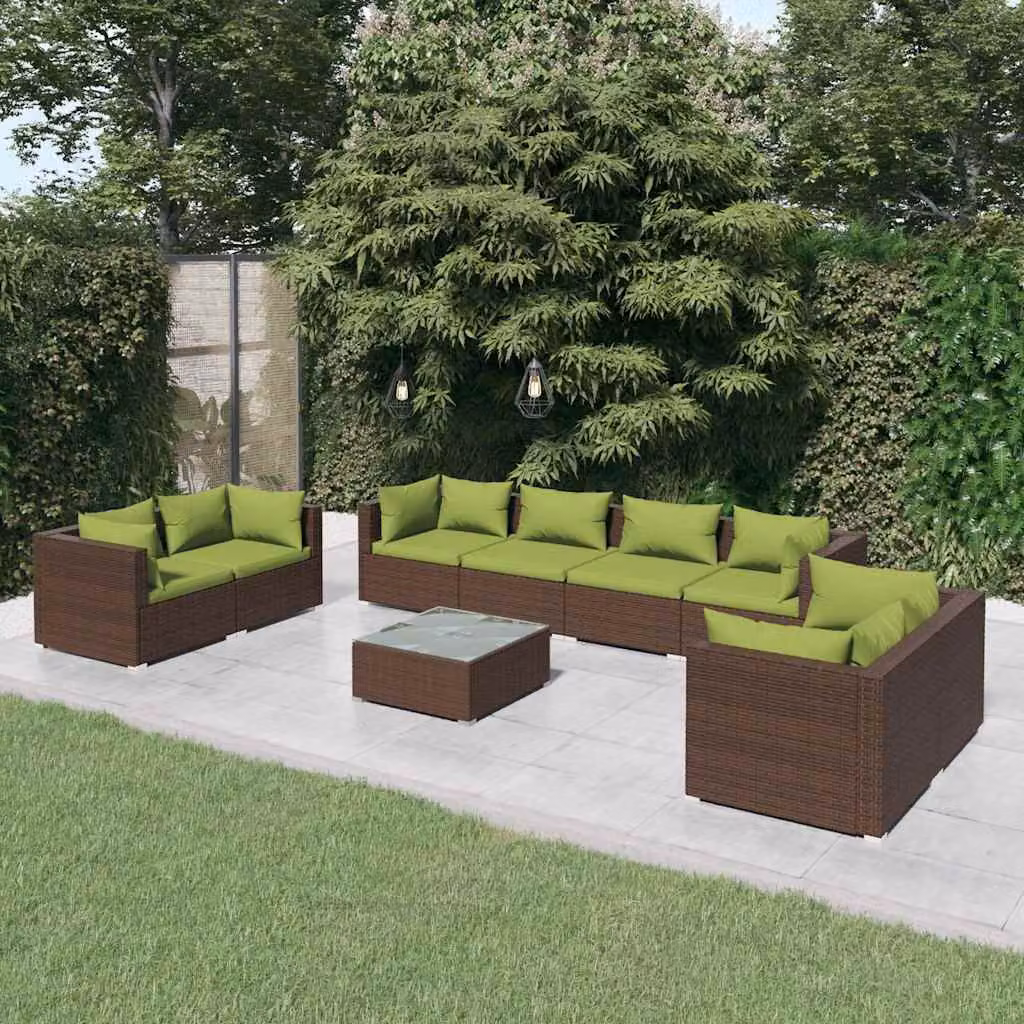 vidaXL Set Divani da Giardino 9 pz in Polyrattan Marrone e Verde con Cuscini e Tavolino