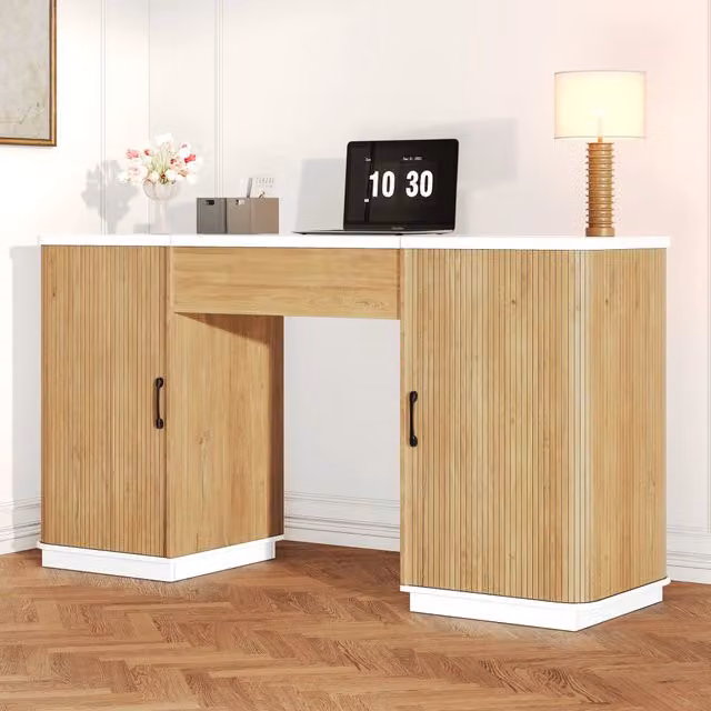 Scrivania regolabile in altezza con 2 cassetti in MDF bianco e rovere