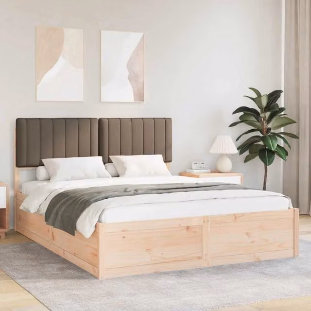 Letto moderno vidaXL in pino massello con testiera rivestita in tessuto beige e cassetti L/P/H: 155,5 x 150 x 205,5 cm