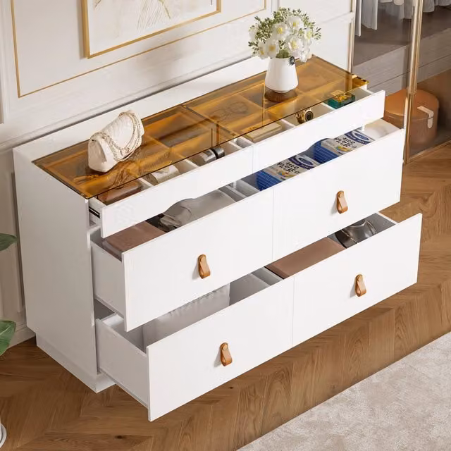 Cassettiera con 6 Cassetti e Ante in Vetro ¨C MINIMAL ¨C Bianco, 120x40x78 cm