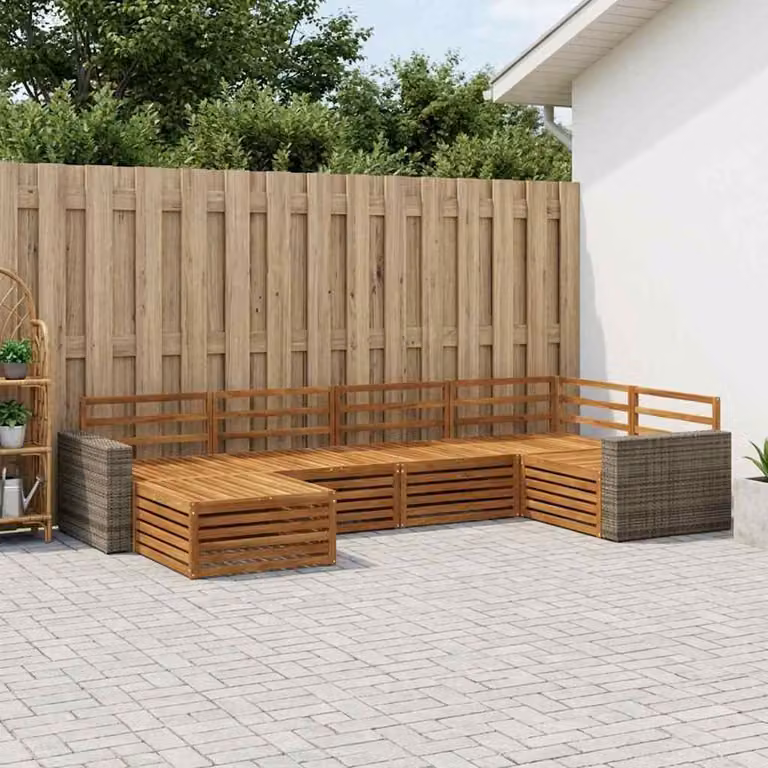 Set di divani da esterno vidaXL 6 pz a forma di L in legno di acacia marrone con pouf e cuscini inclusi