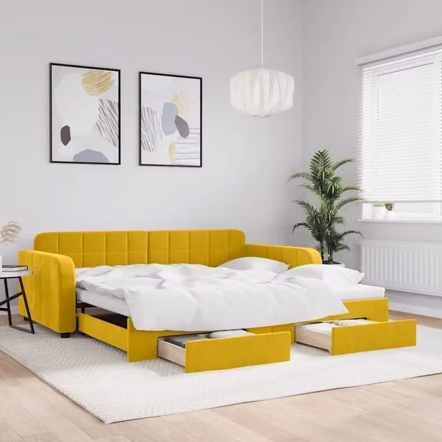 Divano Letto Estraibile vidaXL in Velluto Giallo con Cassetto, L/P/H: 223 x 100 x 71 cm – 1