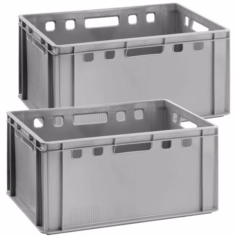 2 contenitori rettangolari grigi per alimenti, modello E3, conformi alle normative europee, ideali per lo stoccaggio e la conservazione. Dimensioni: 60x40x30 cm. Impilabili. Prodotto in Germania