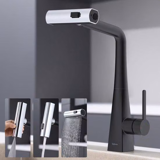 Rubinetto da cucina con 3 getti d'acqua, orientabile a 360°, in acciaio inossidabile, nero