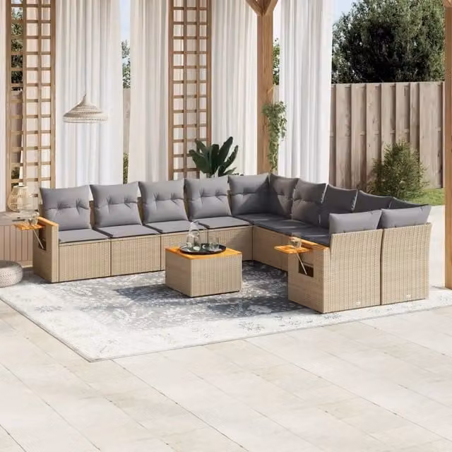 vidaXL Set Divani da Giardino 11 pz in Polyrattan con Cuscini Beige e Grigio e Tavolino da Esterno