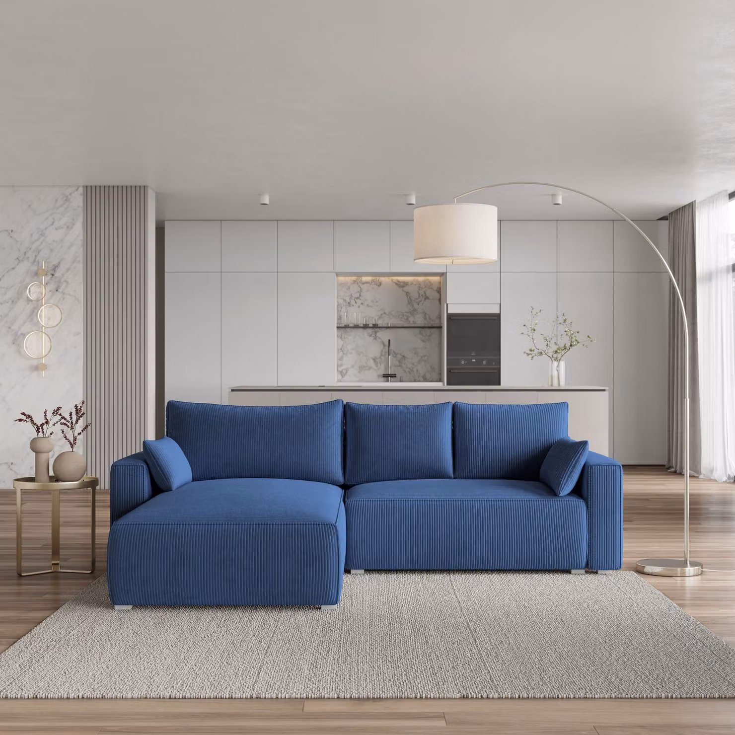 Divano angolare Masseno FORIL P con funzione letto a L, divano con box letto, divano da salotto, divano, divano, divano letto, set di divani - blu, POSO 05