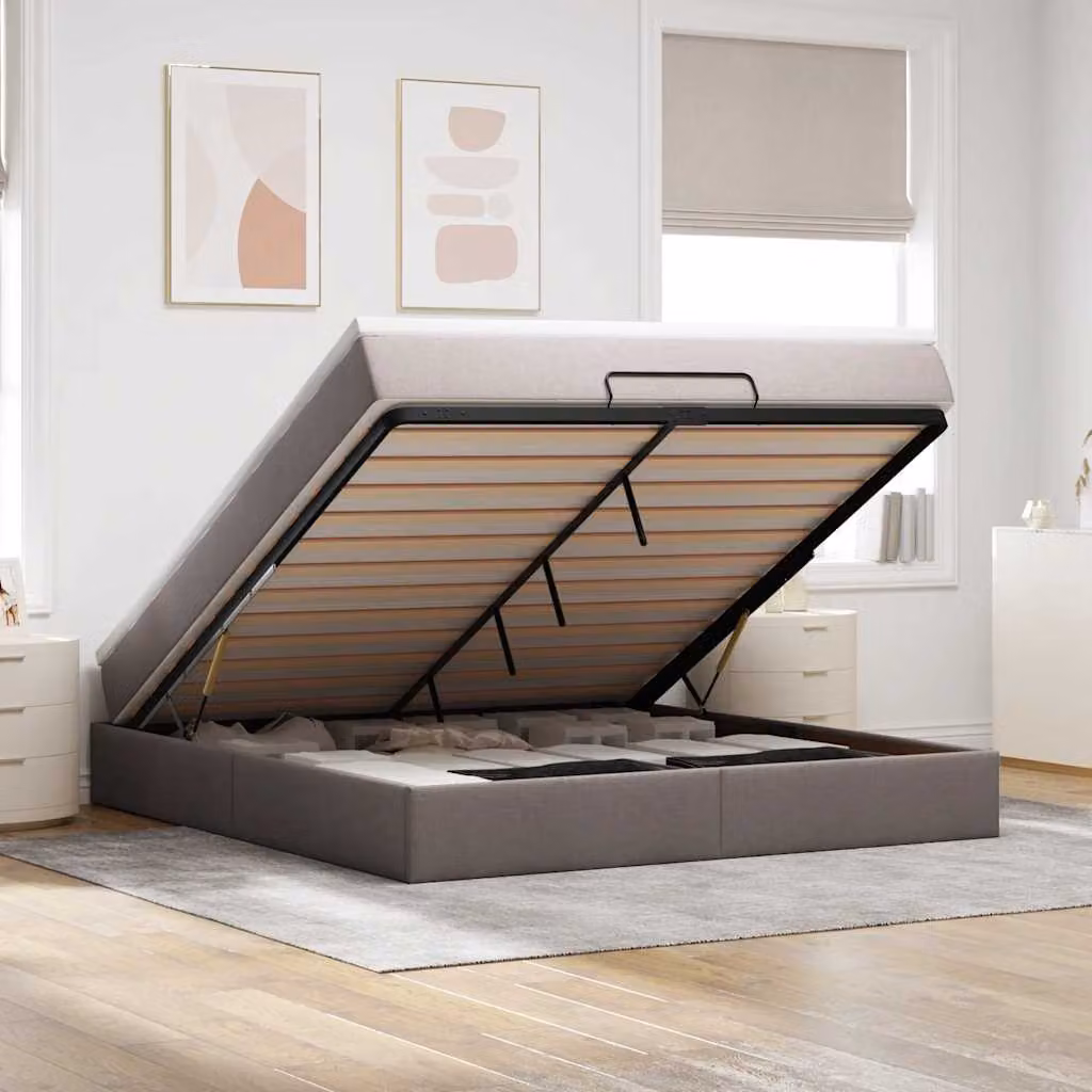 Letto con contenitore a sollevamento vidaXL in tessuto tortora con materasso L: 180 cm, P: 200 cm, H: 280 cm
