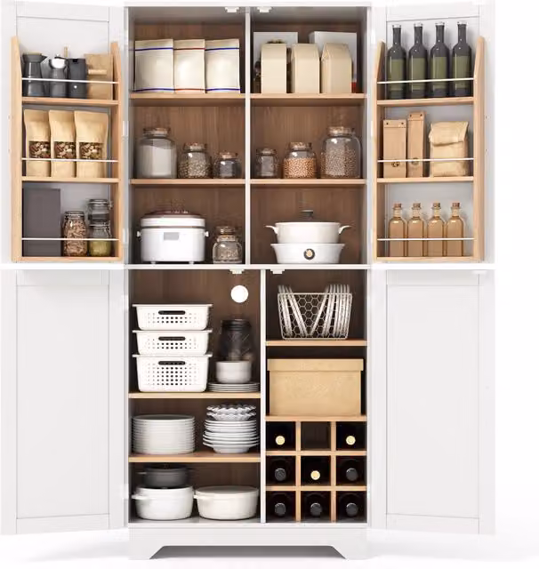 Armadio dispensa cucina con portabottiglie; 80 x 40 x 180 cm; 4 ante a fienile in MDF bianco e legno naturale