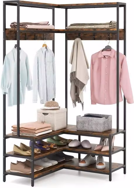 Stand Appendiabiti Angolare, Appendiabiti a Forma L con Ripiani Aperti 7 Ganci e Panca per Scarpe, Struttura in Metallo e Piedini Regolabili, 90x90x178 cm (Marrone industriale)