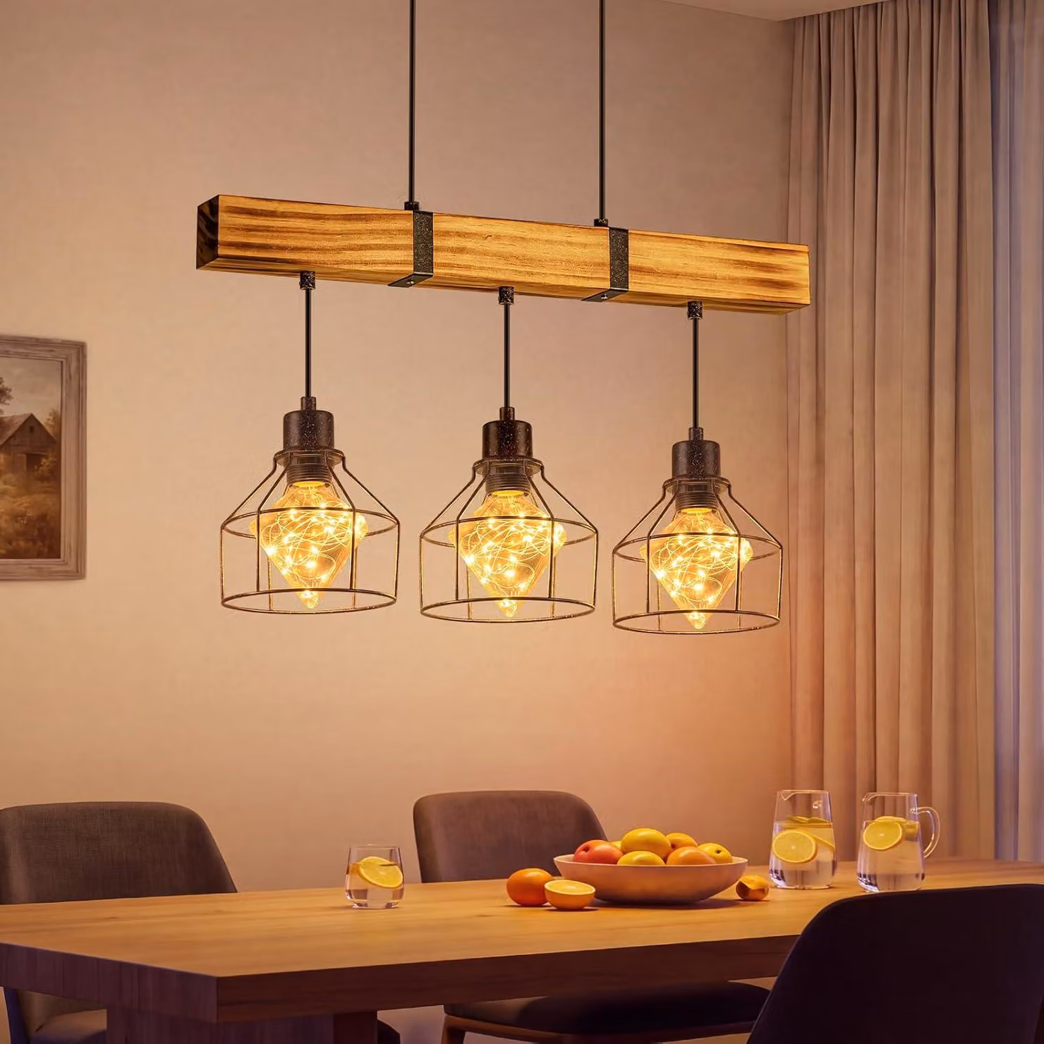 Lampada a sospensione ZMH, stile retrò, ideale per la sala da pranzo, con tre luci, in legno, attacco E27, design industriale, regolabile in altezza, adatta per sala da pranzo, cucina e soggiorno