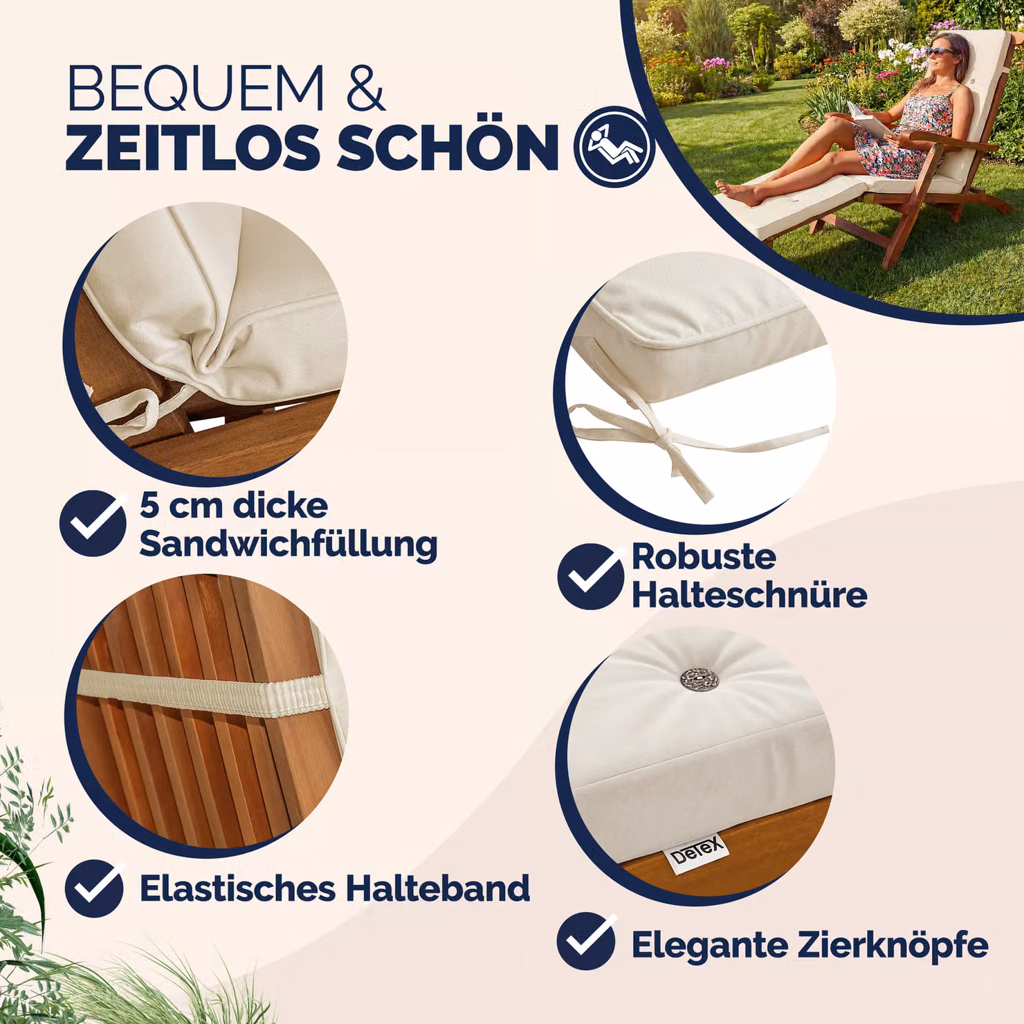 Materassino per sdraio beige in poliestere idrorepellente con tecnologia Detex® L: 184,5 cm – 2