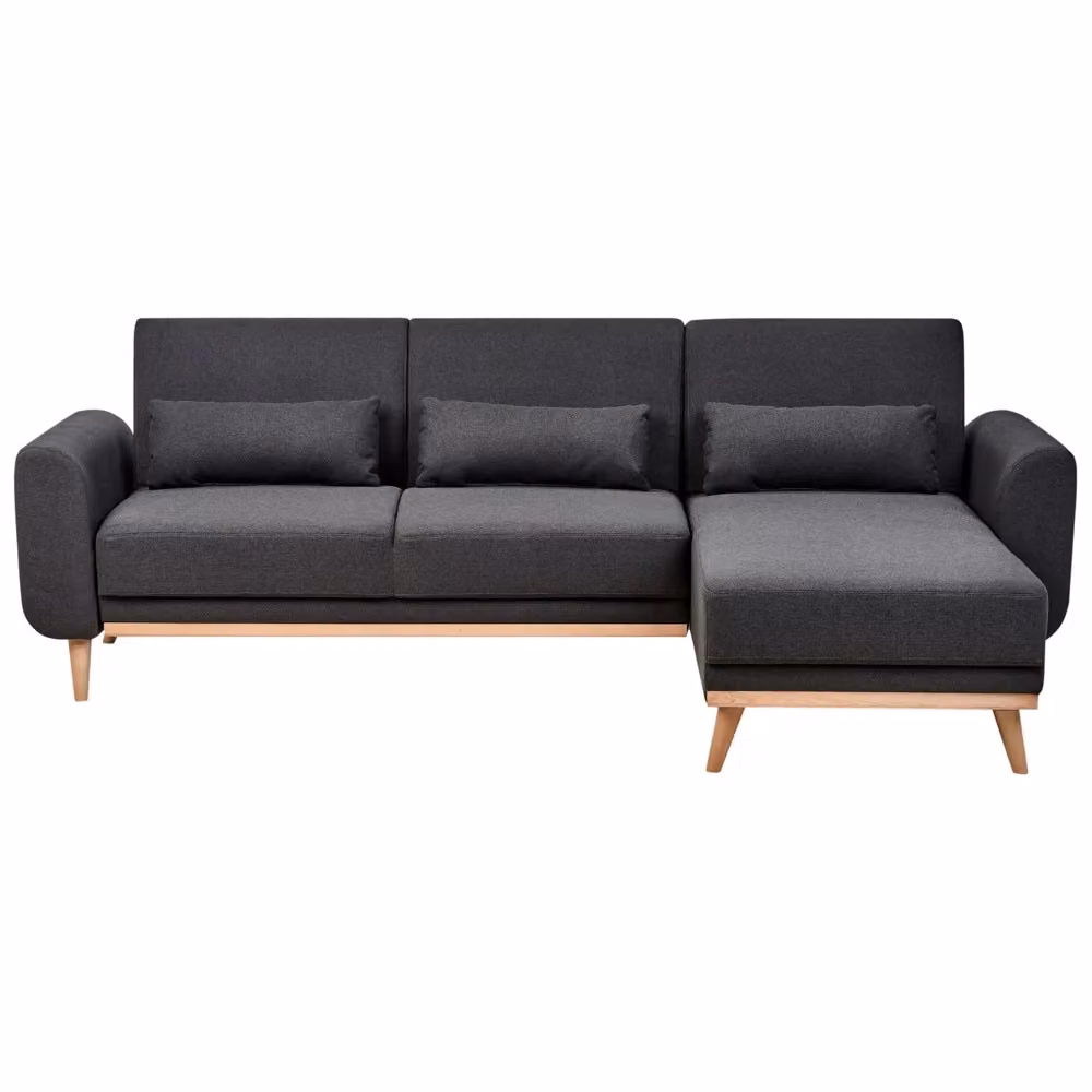 Divano letto ad angolo BELIANI nero con rivestimento in tessuto e gambe in legno di faggio, design moderno con cuscini inclusi e coperture rimovibili, L/P/H: 258 x 147 x 88 cm – 2