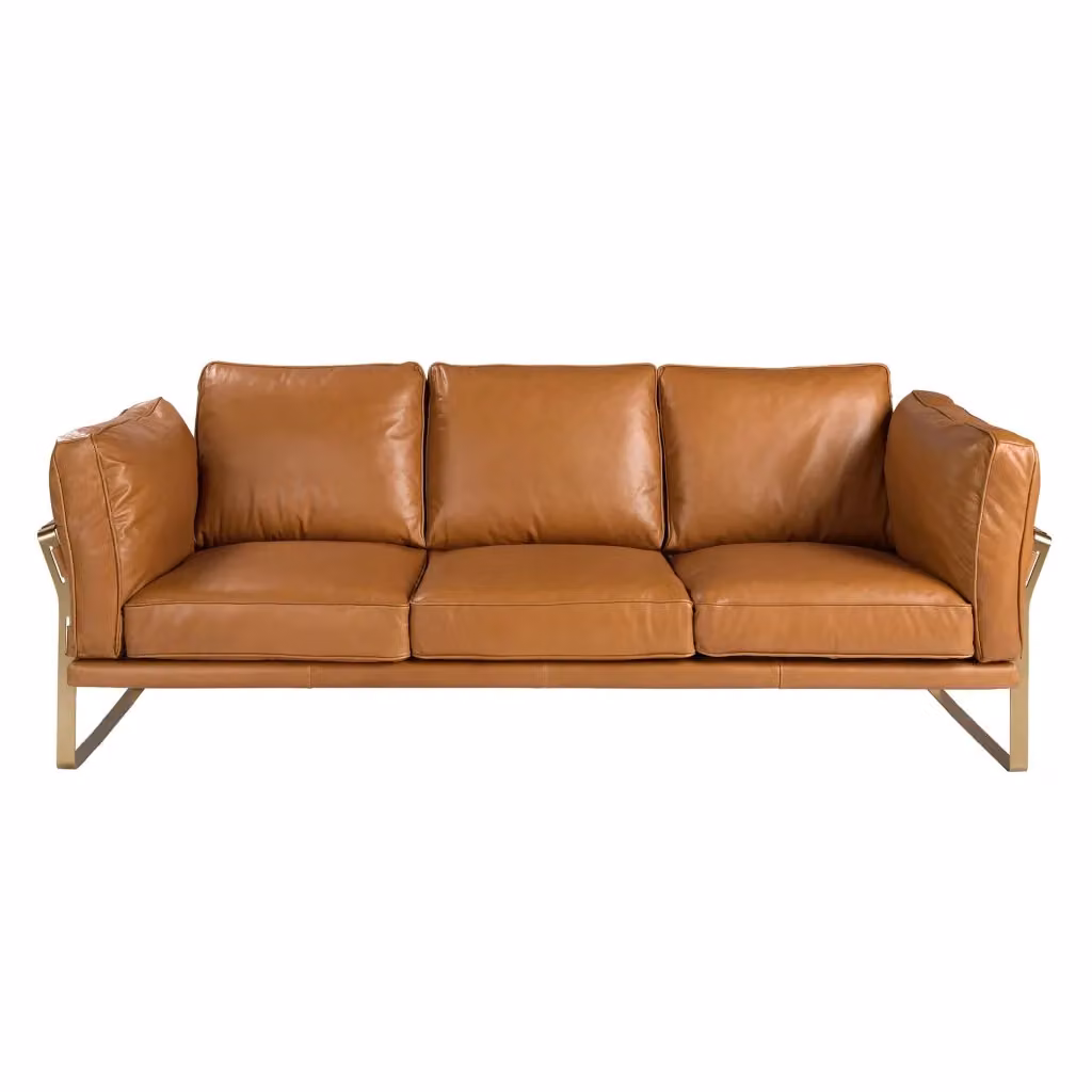 Divano moderno a 3 posti in pelle Angel Cerdá S.L. color marrone e oro con struttura in legno e metallo L: 222 cm, H: 90 cm, P: 84 cm – 2