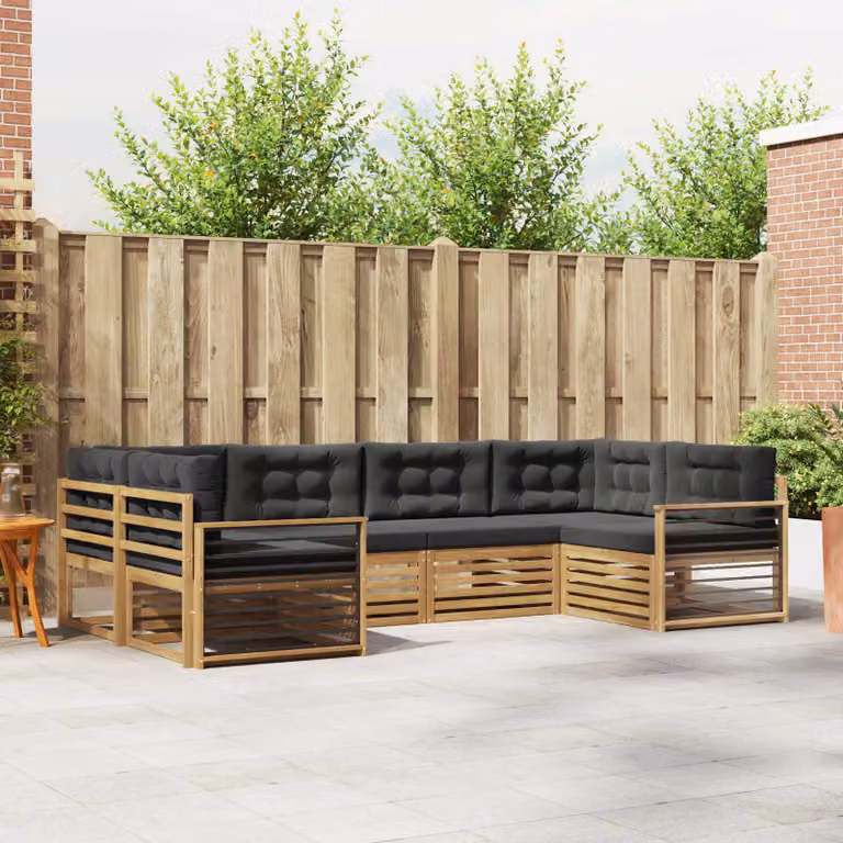 vidaXL Set di divani da esterno a L in legno di acacia con cuscini, 6 pezzi, Bianco e Antracite