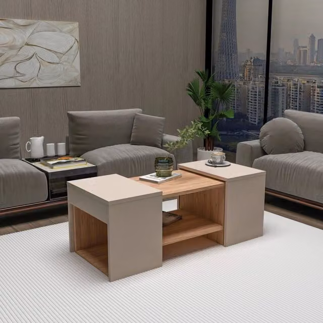 Tavolino da salotto moderno DMORA in legno color rovere e grigio, L 100 cm x P 40 cm x H 37 cm – 1