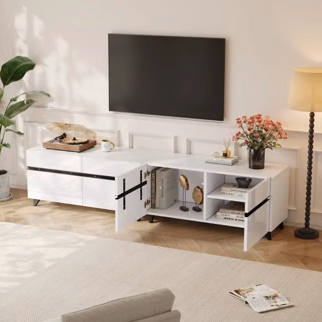 Mobile porta TV OKWISH moderno in MDF bianco lucido con 4 ante e ripiani regolabili per soggiorno L: 180 cm, P: 40 cm, H: 49 cm