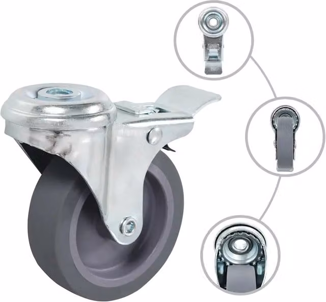 Set di 32 ruote girevoli vidaXL con foro per bulloni in acciaio zincato e gomma, colore grigio, diametro 75 mm – 1