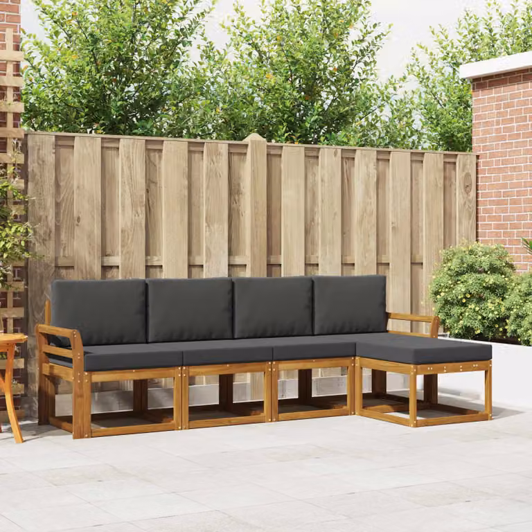 vidaXL Set di divani da esterno a L in legno di acacia con pouf e cuscini, Marrone e Antracite