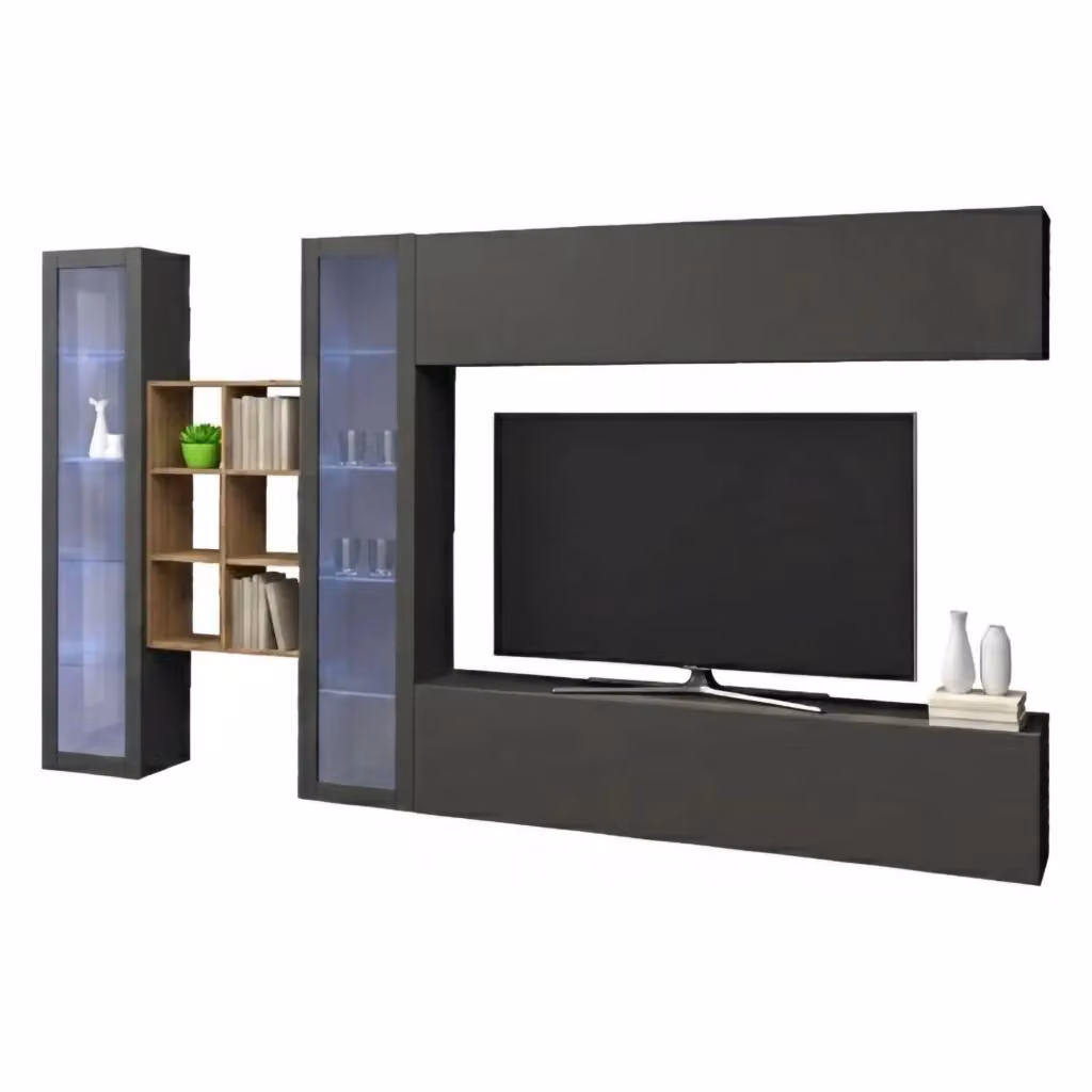 Parete attrezzata Alezio DMORA per soggiorno con porta TV a 4 ante, colore Antracite e Acero, L: 280 cm, H: 180 cm, P: 30 cm – 2