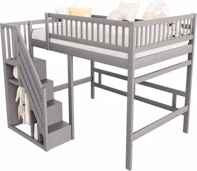 Letto singolo elevato REDOM in legno massello con scala contenitore e scomparti laterali, grigio, L/P/H: 200 x 140 x 173 cm