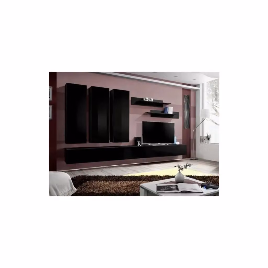 Composizione murale FLY E1 Meublorama Nero lucido - Mobile TV sospeso con colonne e mensole design moderno – 2