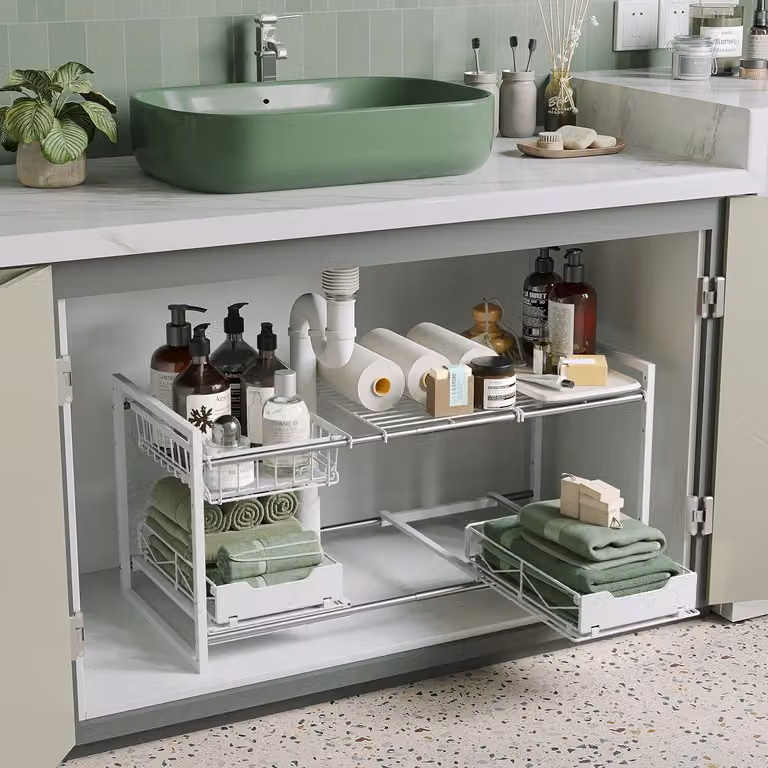 Organizzatore a cassettiere, 2 livelli, regolabile fino a 88 cm, con ripiani regolabili in altezza, struttura in metallo, ideale per la cucina