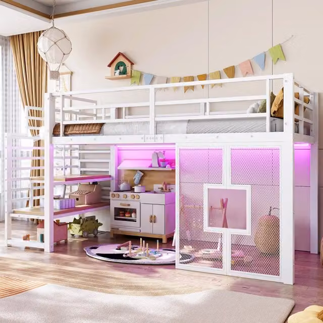 Letto a soppalco singolo moderno per bambini con scala contenitore, illuminazione LED e finestre, struttura in metallo e MDF, colore bianco, L/P: 90 x 200 cm