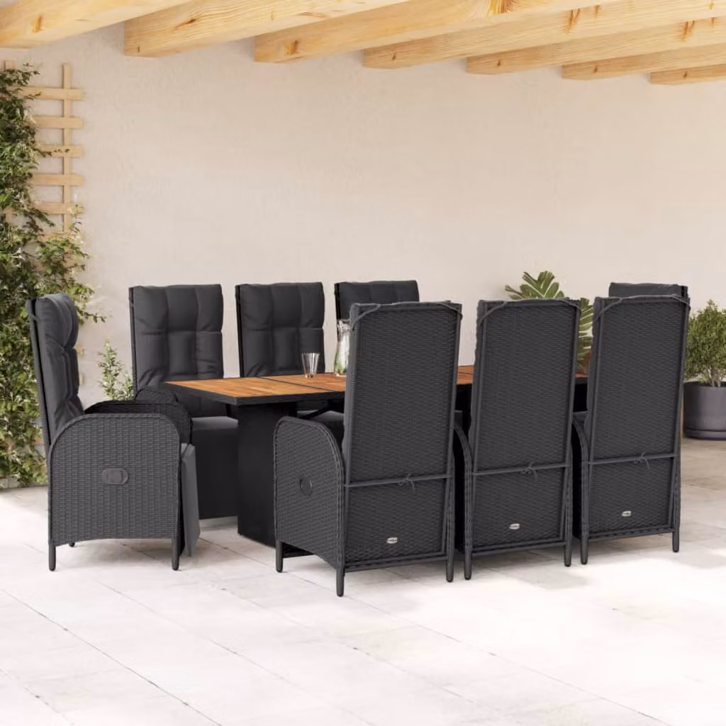 Set da pranzo da giardino vidaXL in polyrattan e legno di acacia nero con 9 pezzi e cuscini