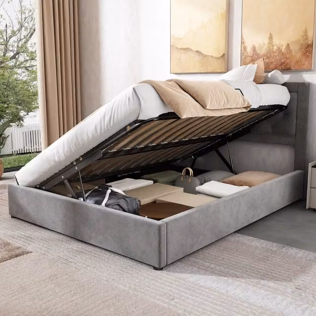 Letto contenitore matrimoniale 200×140 cm, vani laterali sollevabili, senza materasso, acciaio e velluto grigio