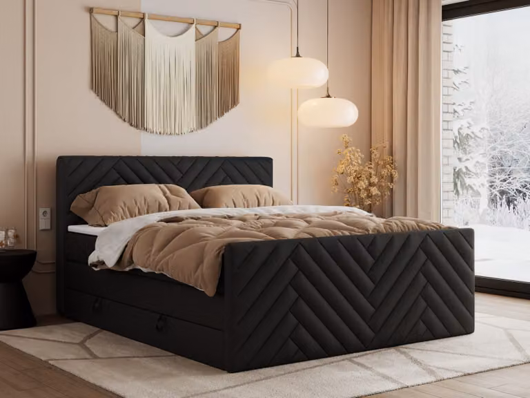 Letto boxspring MKS MEBLE 120x200 con contenitore e materasso H3 - Paris King Duo - Pelle finta nera