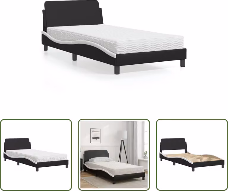 The Living Store Letto con materasso bianco e nero 100x200 cm in ecopelle