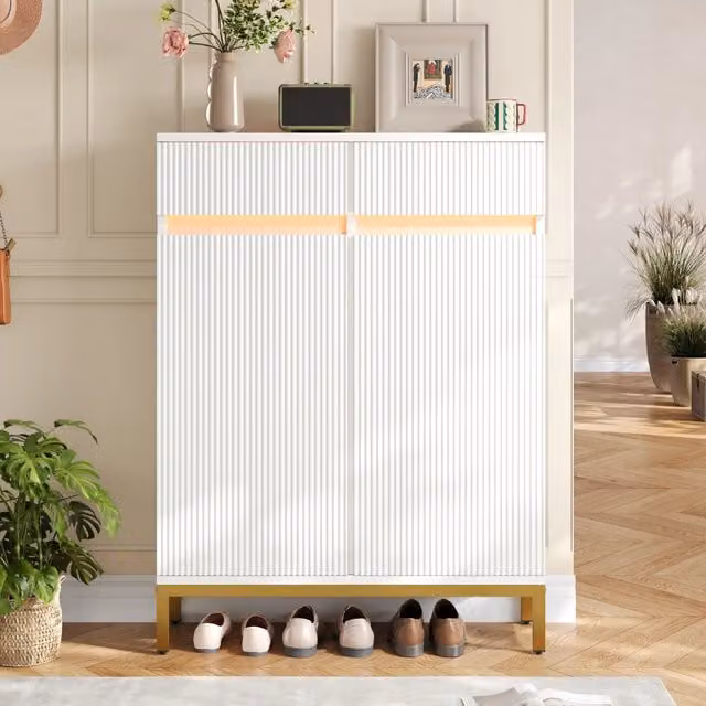 Scarpiera moderna Mivray bianca con 2 cassetti, 2 ante con chiusura ammortizzata e illuminazione LED integrata in MDF, L: 80 cm, P: 35 cm, H: 103 cm