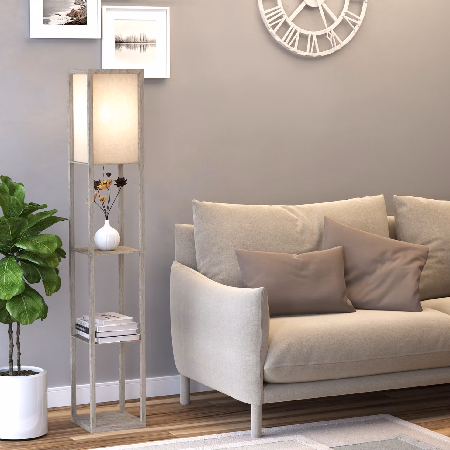 Lampada da terra HOMCOM con 3 mensole integrate in legno, design moderno, attacco E27, colore bianco, L/P/H: 26 x 26 x 160 cm – 2