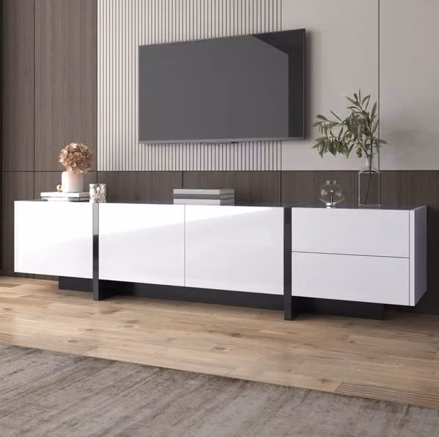 Mobile TV 190x45x35 cm; 3 ante e 2 cassetti; finitura lucida; truciolare bianco e nero