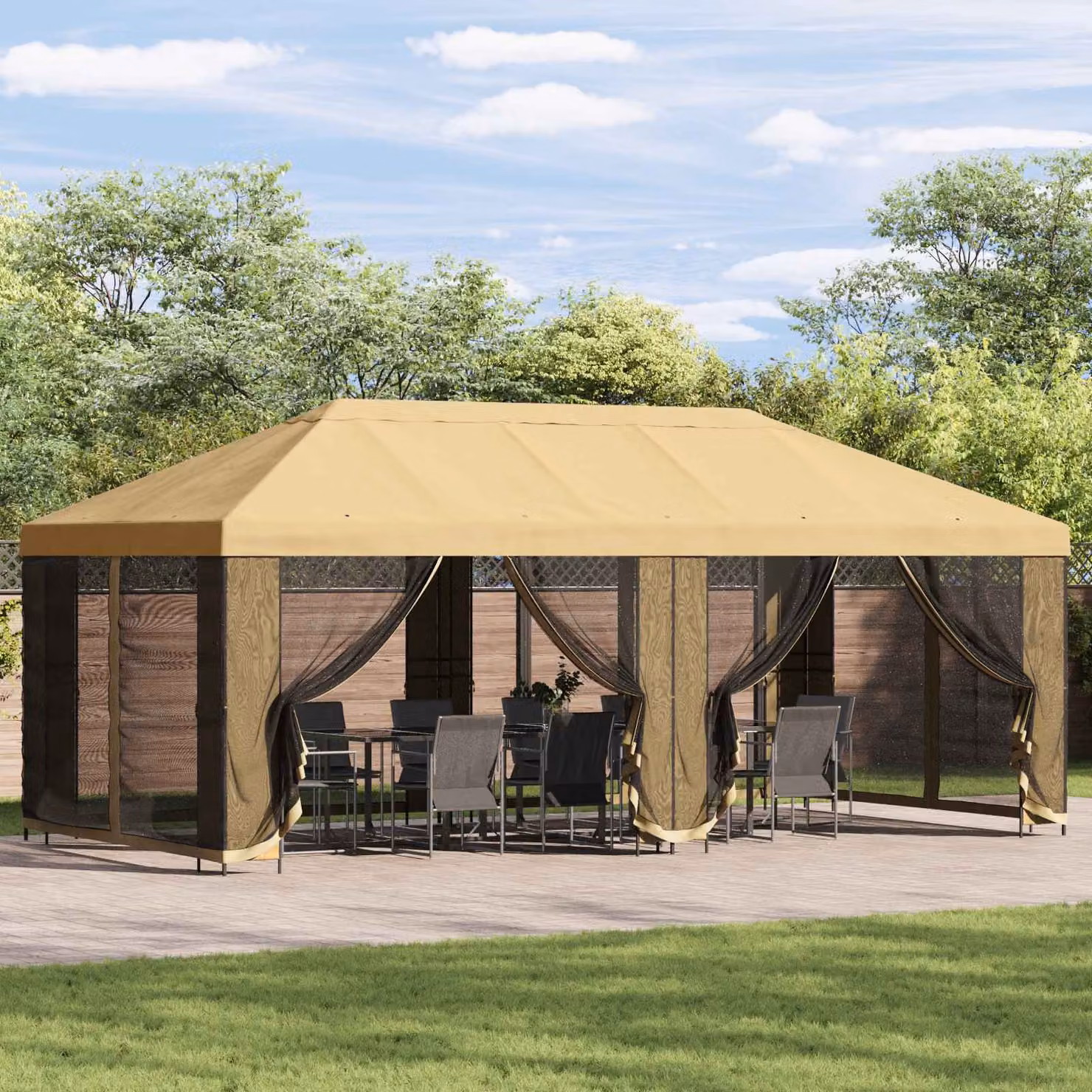 vidaXL Gazebo da giardino con pareti laterali L: 600 cm, P: 300 cm, H: 276,5 cm, colore beige e nero