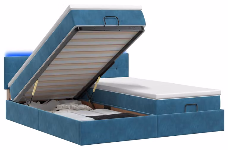 Panca contenitore con materasso e luci LED, colore blu scuro, 180 x 200 cm, rivestita in velluto
