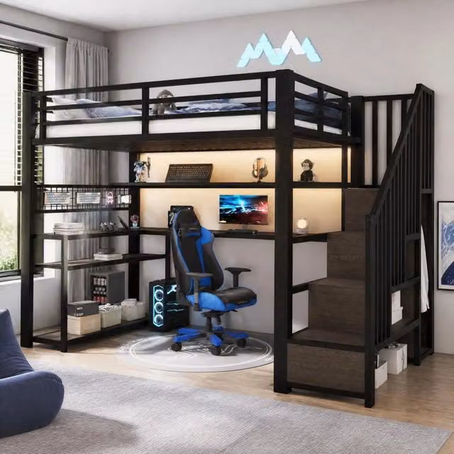 Letto a soppalco gaming 90x200 cm nero con LED, scrivania e armadio