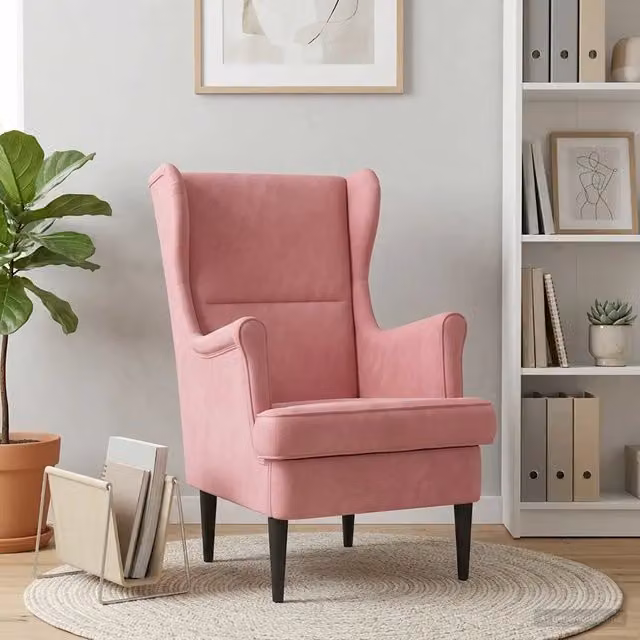 Poltrona Lounge Moderna in Velluto Rosa con Braccioli e Struttura in Legno e Metallo L: 79 cm, P: 45 cm, H: 65 cm
