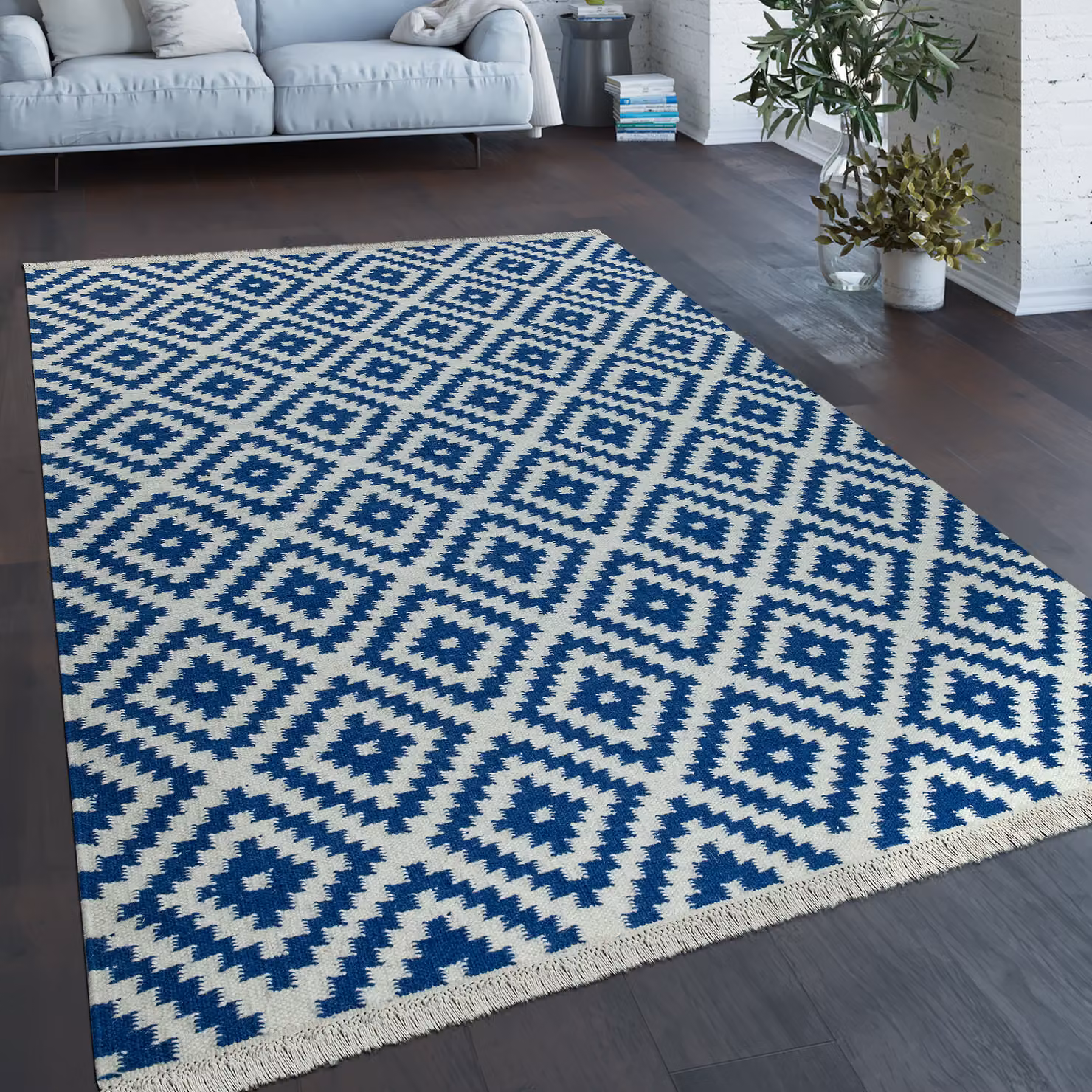 Tappeto Kenolia blu in lana e cotone con frange, stile marocchino e scandinavo, L: 60 cm, P: 110 cm – 3