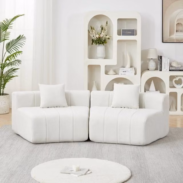 Divano modulare curvo REDOM in tessuto beige con cuscini inclusi