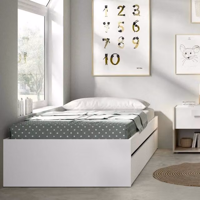 Letto per bambini DMORA moderno con cassetti, Bianco, L/P/H: 190 x 90 x 40 cm
