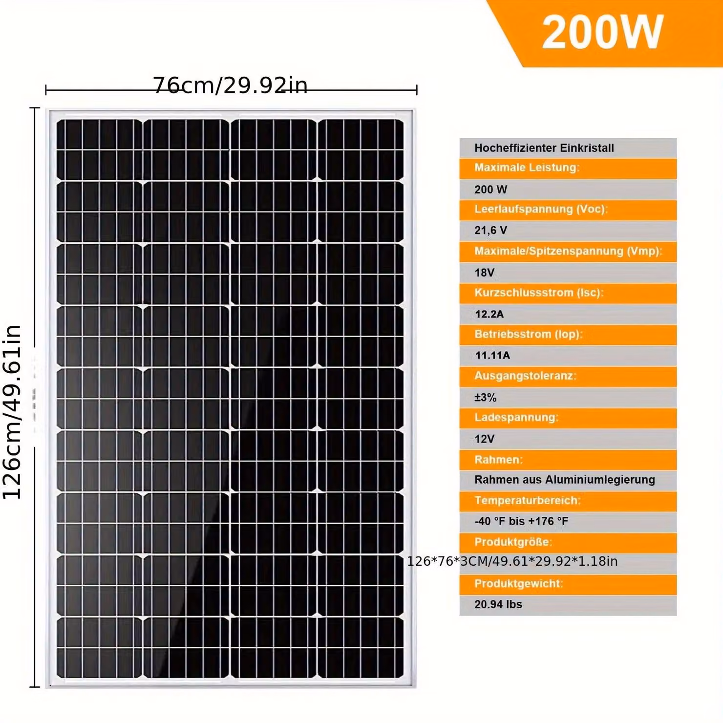 Pannello solare - Pannello fotovoltaico - Modulo solare - Cella solare - Energia solare - Monocristallino da 200W - Alta efficienza