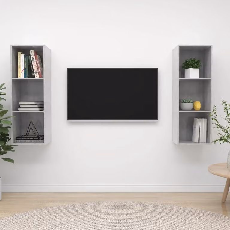 Set di 2 Mobili TV da Parete Moderni in MDF Grigio Cemento con Finitura Opaca