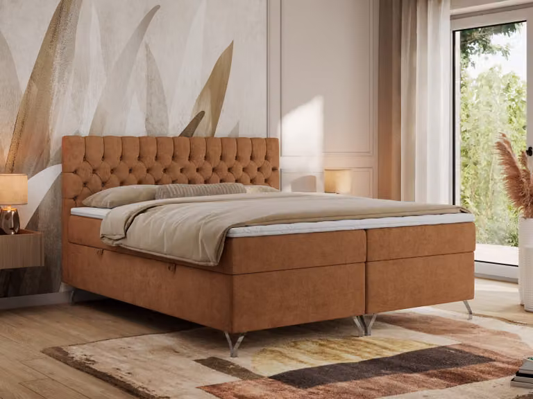 Letto boxspring MKS MEBLE 120x200, Letto 120x200 con materasso H3, letto boxspring 120x200 con contenitore e topper, letto imbottito 120x200 con piedini - GRIMALDI - 120x200 - Struttura arancione - H3