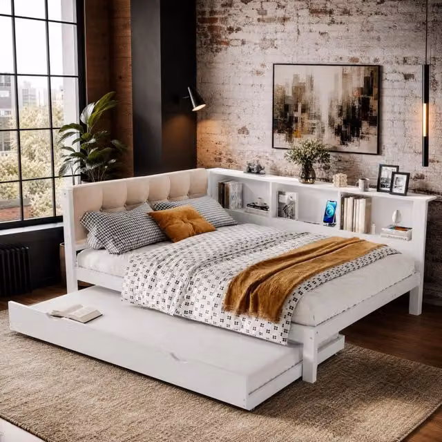 Letto con letto estraibile 140 × 200 cm con LED dimmerabile USB e tre ripiani laterali in legno bianco