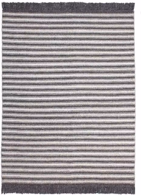 Tappeto Natura 310 a righe di KENDRA HOME in lana e viscosa, colore antracite e grigio con frange – 1